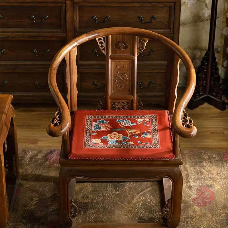 Chinoiserie Classical Red Flowers and Birds Short Plush Chair Cushion - SinoCultural -- SC021A38