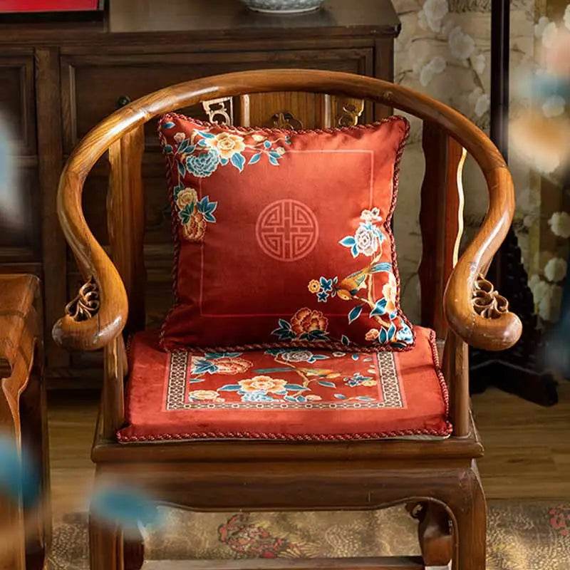 Chinoiserie Classical Red Flowers and Birds Short Plush Chair Cushion - SinoCultural -- SC021A38