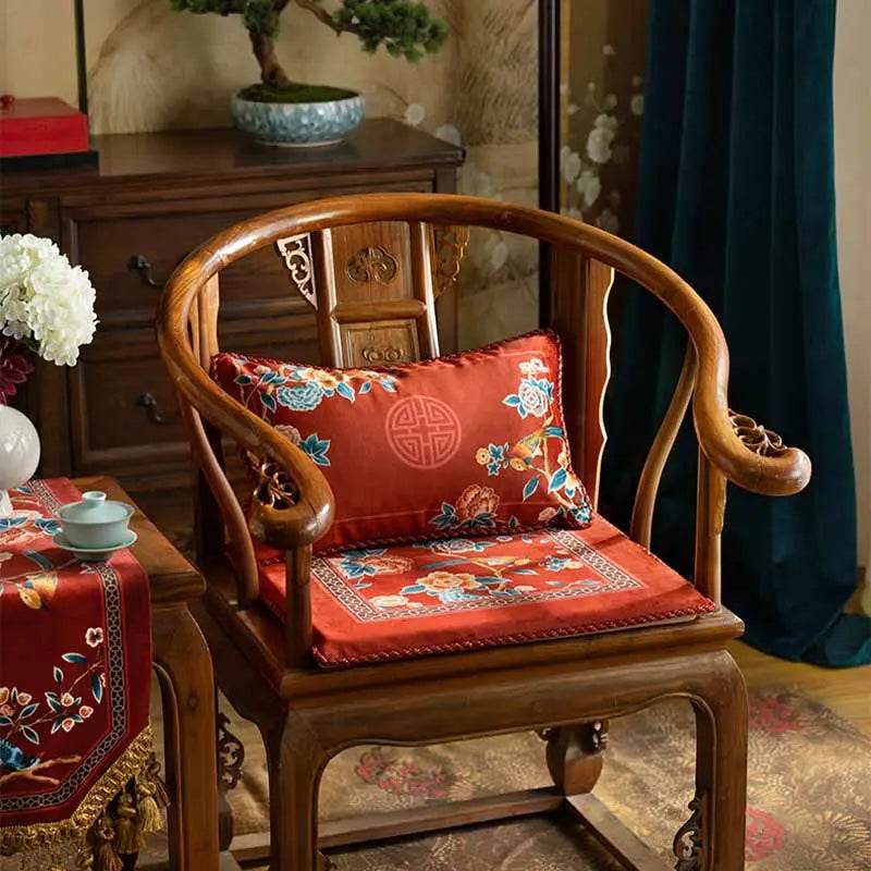 Chinoiserie Classical Red Flowers and Birds Short Plush Chair Cushion - SinoCultural -- SC021A38