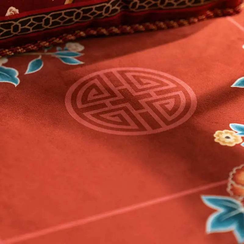Chinoiserie Classical Red Flowers and Birds Short Plush Chair Cushion - SinoCultural -- SC021A38