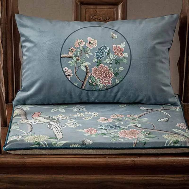 Chinoiserie Vintage Gray Blue Short Plush Lumbar Pillow - SinoCultural -- WP024B01