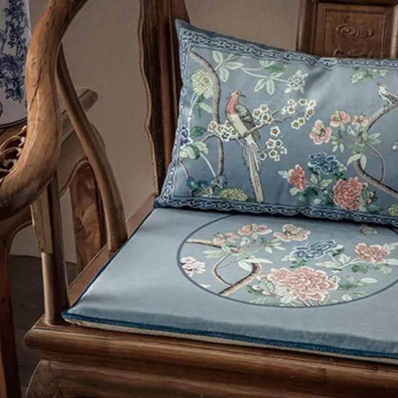 Chinoiserie Vintage Gray Blue Short Plush Lumbar Pillow - SinoCultural -- WP024B01