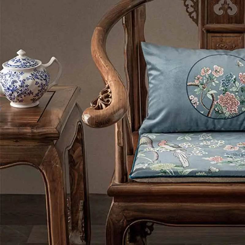 Chinoiserie Vintage Gray Blue Short Plush Lumbar Pillow - SinoCultural -- WP024B01