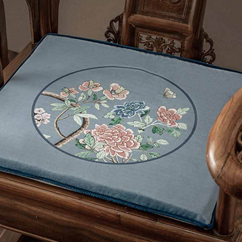 Chinoiserie Blue Floral Bird Pattern Short Plush Sofa Chair Cushion - SinoCultural -- SC024A38