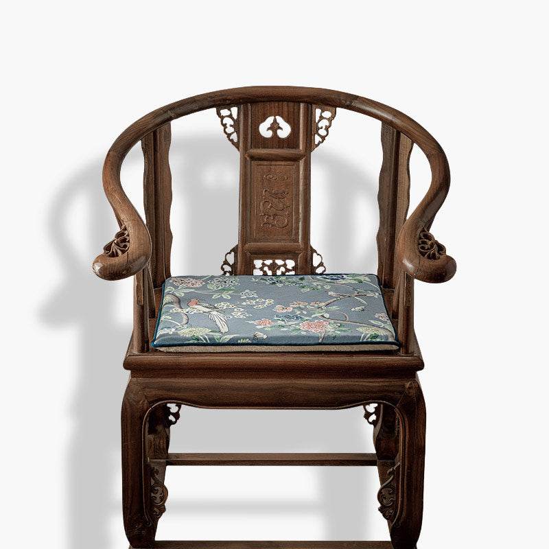 Chinoiserie Blue Floral Bird Pattern Short Plush Sofa Chair Cushion - SinoCultural -- SC024A38