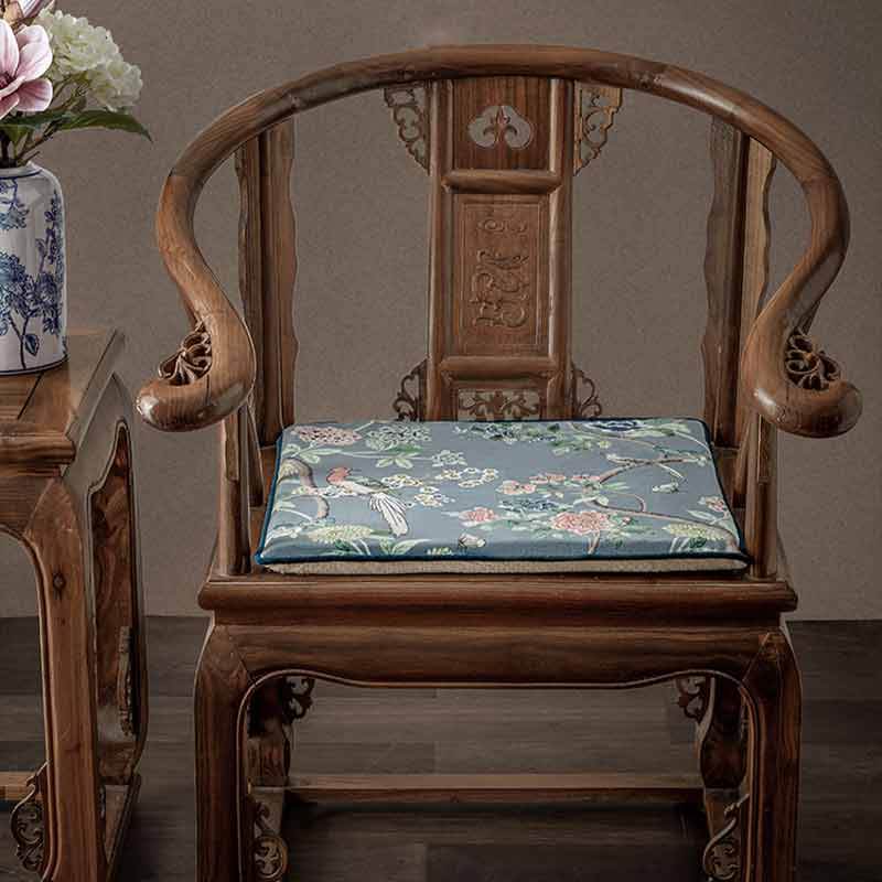Chinoiserie Blue Floral Bird Pattern Short Plush Sofa Chair Cushion - SinoCultural -- SC024A38