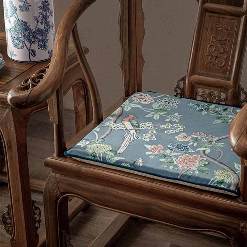 Chinoiserie Blue Floral Bird Pattern Short Plush Sofa Chair Cushion - SinoCultural -- SC024A38