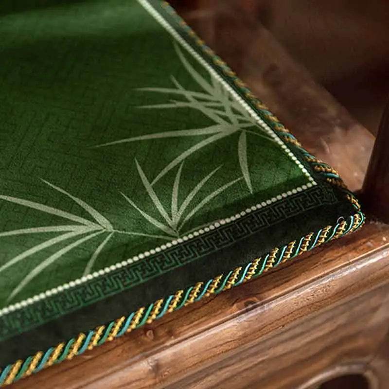 Chinoiserie Bamboo and Plum Blossoms Short Plush Green Chair Cushion - SinoCultural -- SC025A38 -