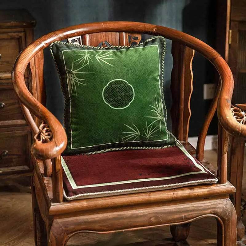Chinoiserie Bamboo and Plum Blossoms Short Plush Green Chair Cushion - SinoCultural -- SC025A38 -