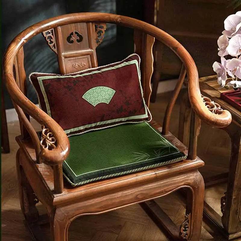 Chinoiserie Bamboo and Plum Blossoms Short Plush Green Chair Cushion - SinoCultural -- SC025A38 -
