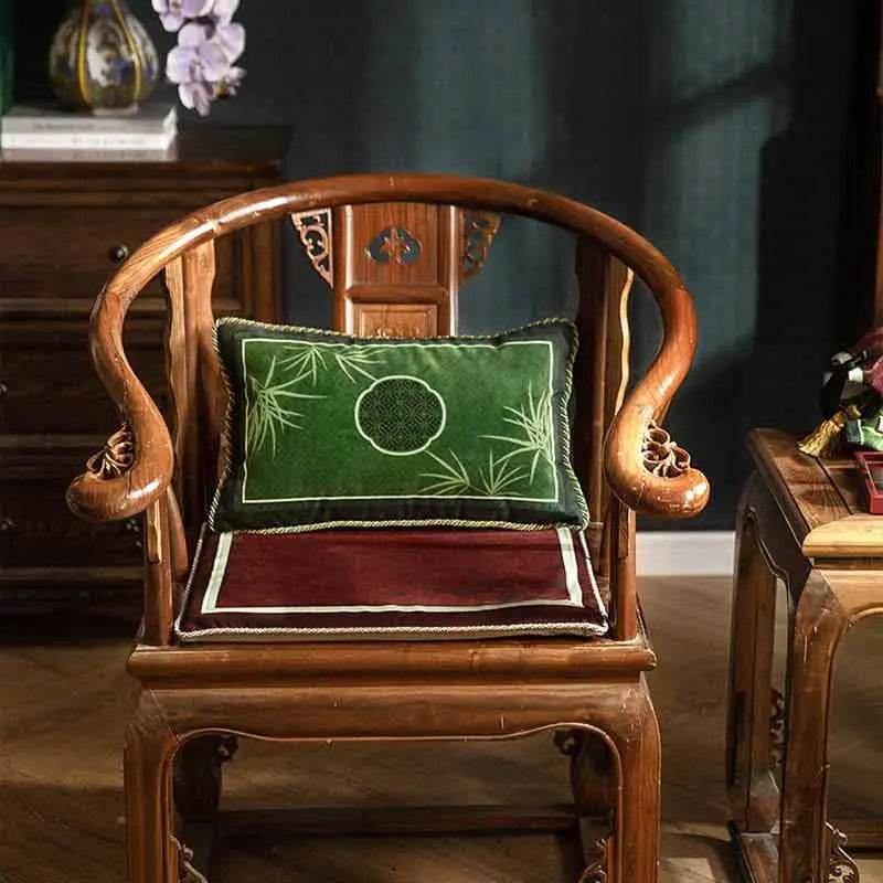 Chinoiserie Bamboo and Plum Blossoms Short Plush Green Chair Cushion - SinoCultural -- SC025A38 -