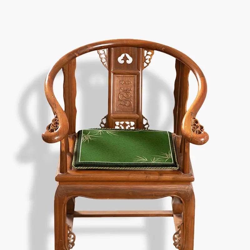 Chinoiserie Bamboo and Plum Blossoms Short Plush Green Chair Cushion - SinoCultural -- SC025A38 -