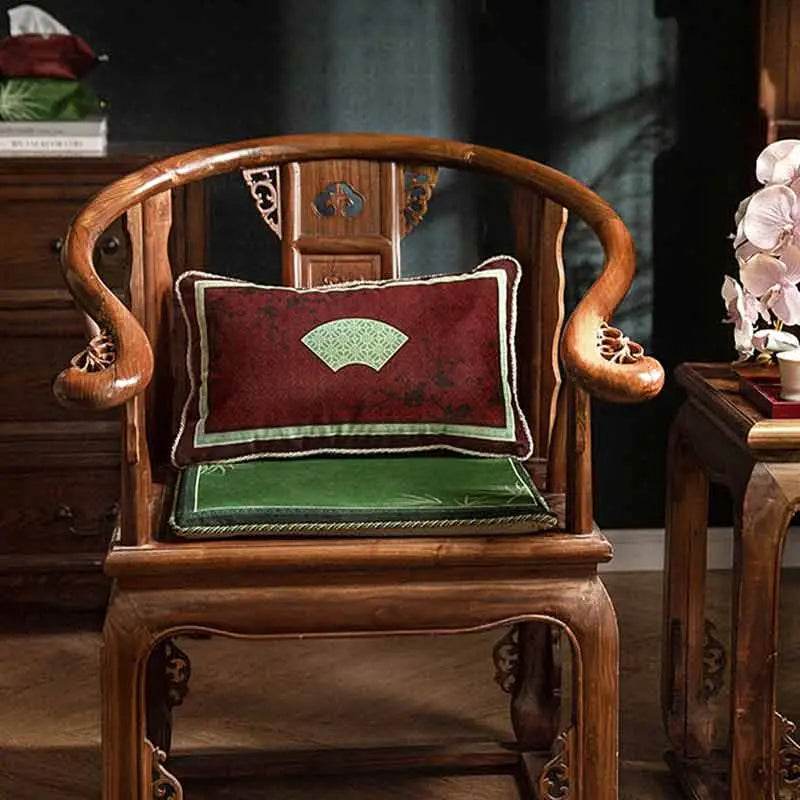 Chinoiserie Bamboo and Plum Blossoms Short Plush Green Chair Cushion - SinoCultural -- SC025A38 -