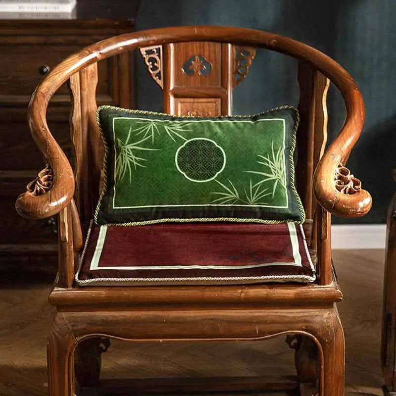 Chinoiserie Bamboo and Plum Blossoms Short Plush Green Chair Cushion - SinoCultural -- SC025A38 -