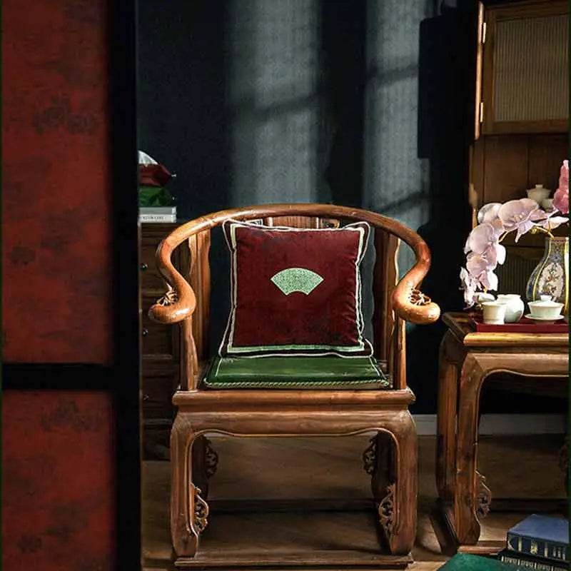 Chinoiserie Bamboo and Plum Blossoms Short Plush Green Chair Cushion - SinoCultural -- SC025A38 -