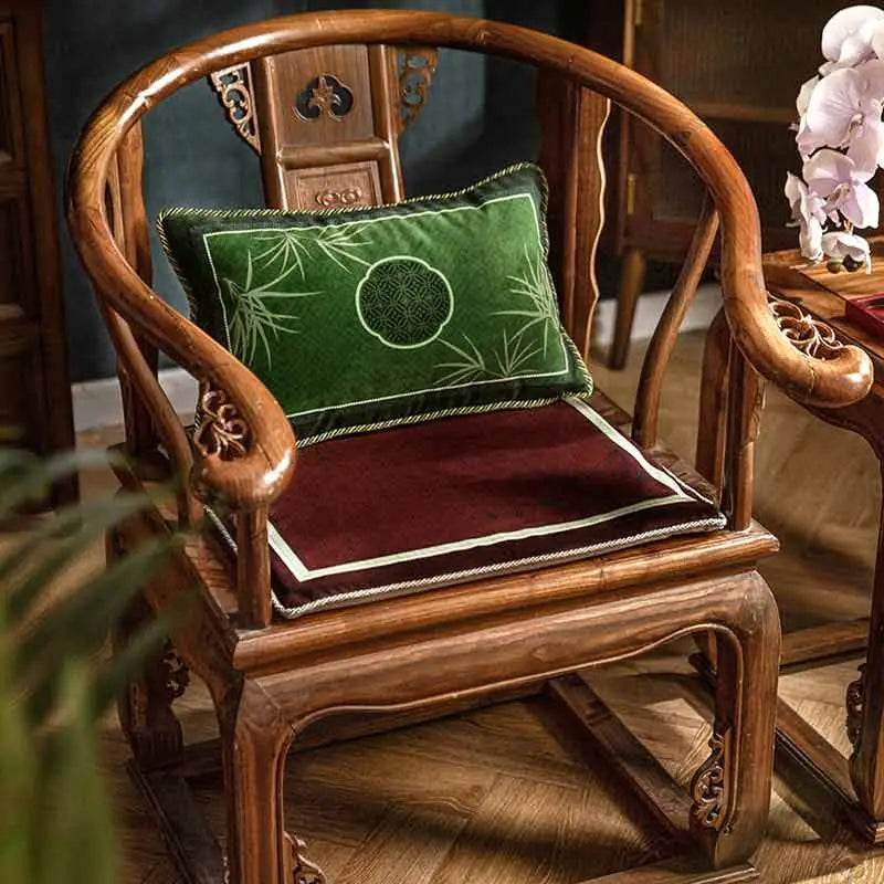 Chinoiserie Bamboo and Plum Blossoms Short Plush Green Chair Cushion - SinoCultural -- SC025A38 -