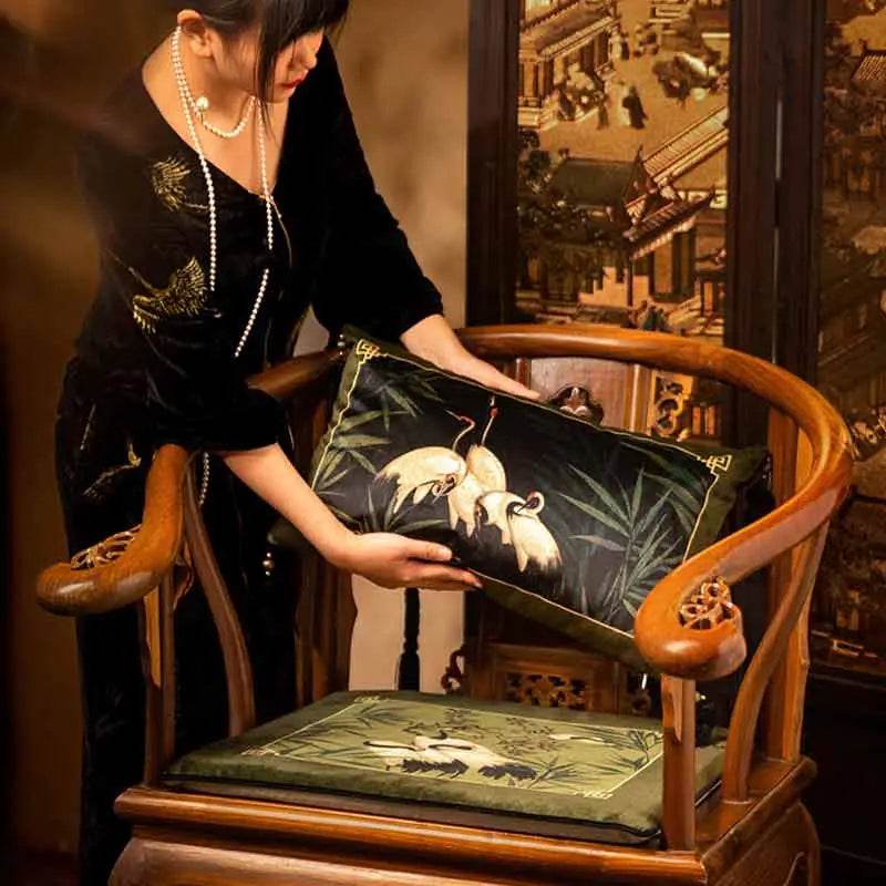 Chinoiserie White Crane Short Plush Lumbar Pillow - SinoCultural -- WP026A01