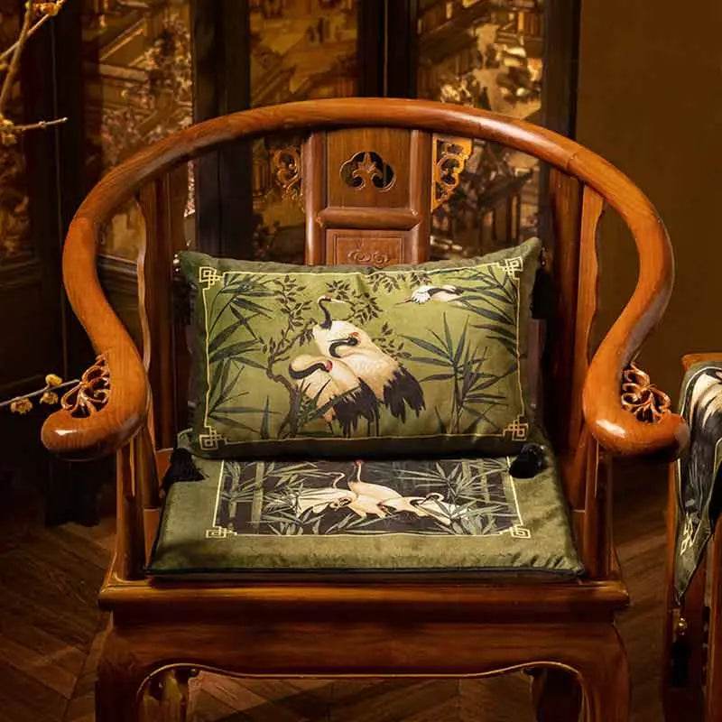 Chinoiserie White Crane Short Plush Lumbar Pillow - SinoCultural -- WP026A01