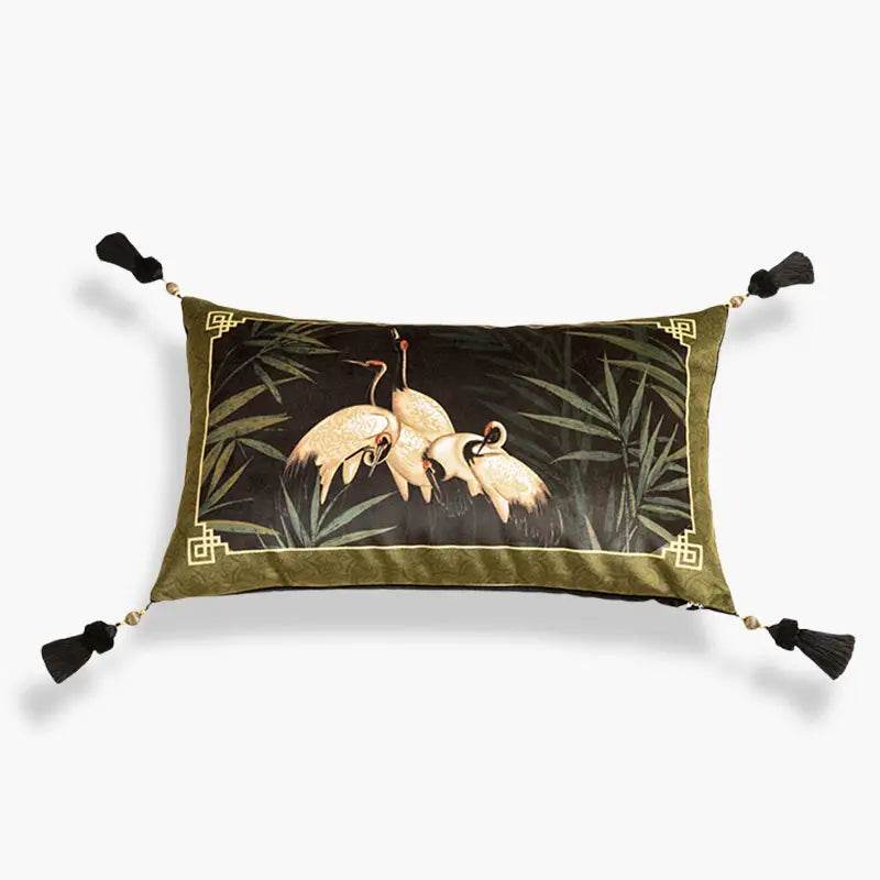 Chinoiserie White Crane Short Plush Lumbar Pillow - SinoCultural -- WP026A01
