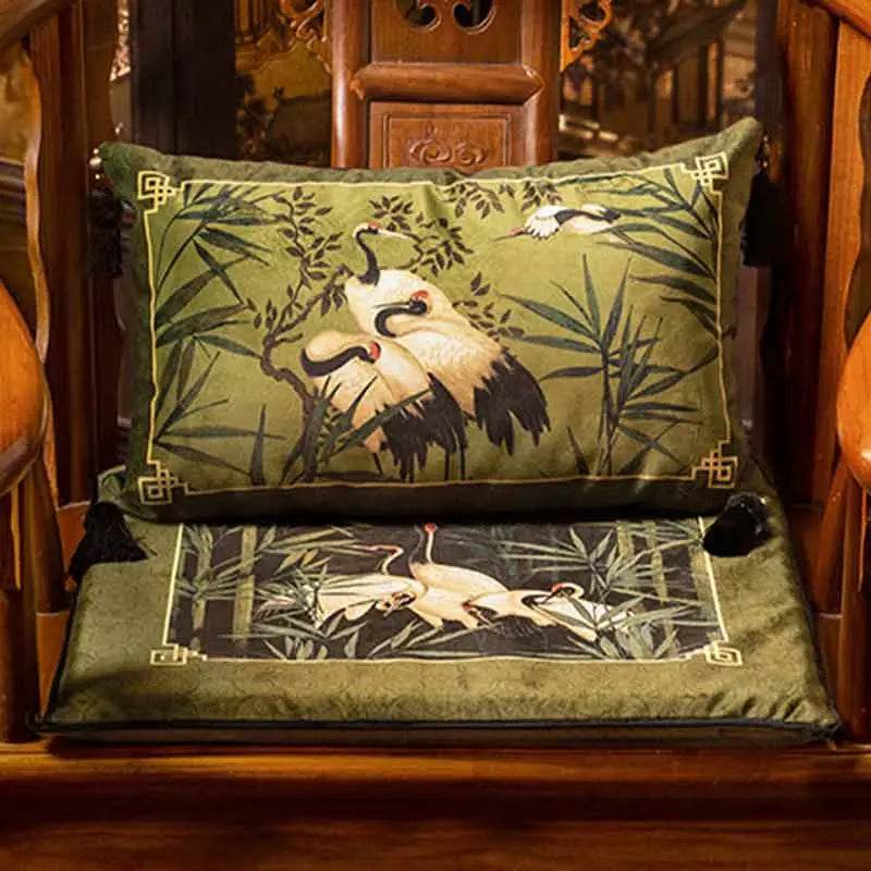 Chinoiserie White Crane Short Plush Lumbar Pillow - SinoCultural -- WP026A01