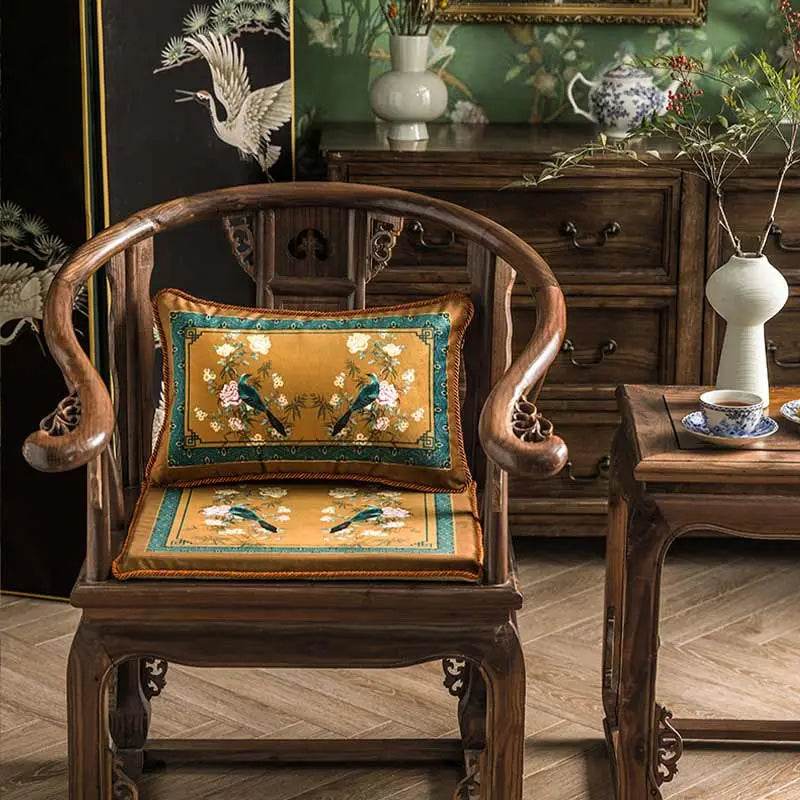 Chinoiserie Vintage Yellowish Brown Short Plush Lumbar Pillow - SinoCultural -- WP027A01