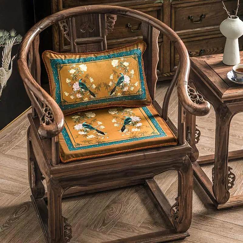 Chinoiserie Vintage Yellowish Brown Short Plush Lumbar Pillow - SinoCultural -- WP027A01