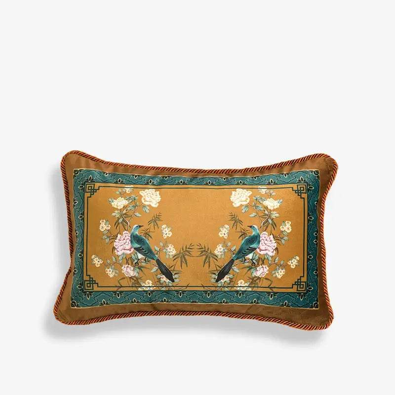 Chinoiserie Vintage Yellowish Brown Short Plush Lumbar Pillow - SinoCultural -- WP027A01