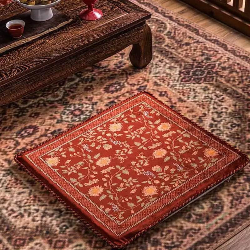 Chinoiserie Chrysanthemum Short Plush Red Chair Cushion - SinoCultural -- SC029B38