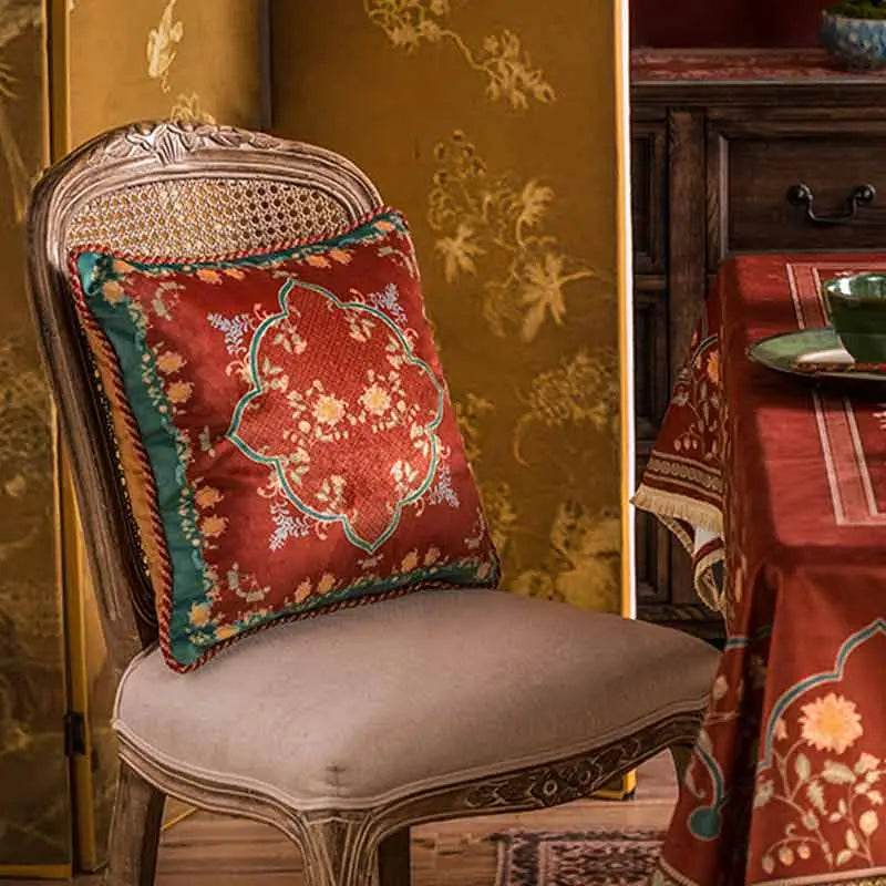 Chinoiserie Chrysanthemum Short Plush Red Chair Cushion - SinoCultural -- SC029B38