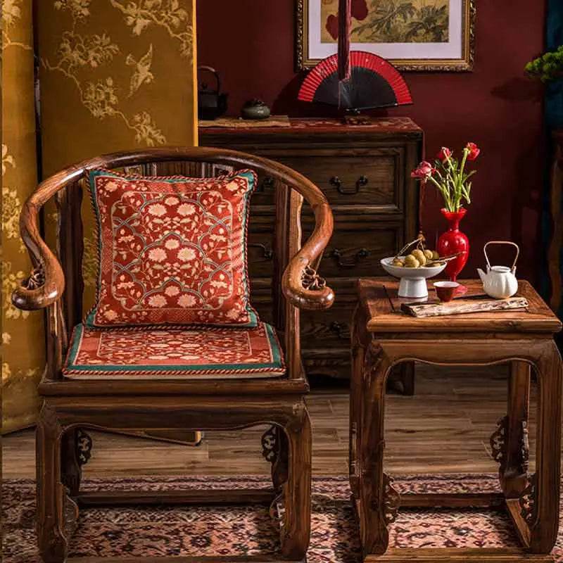 Chinoiserie Chrysanthemum Short Plush Red Chair Cushion - SinoCultural -- SC029B38
