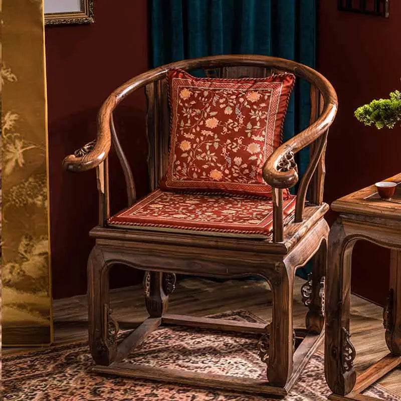 Chinoiserie Chrysanthemum Short Plush Red Chair Cushion - SinoCultural -- SC029B38