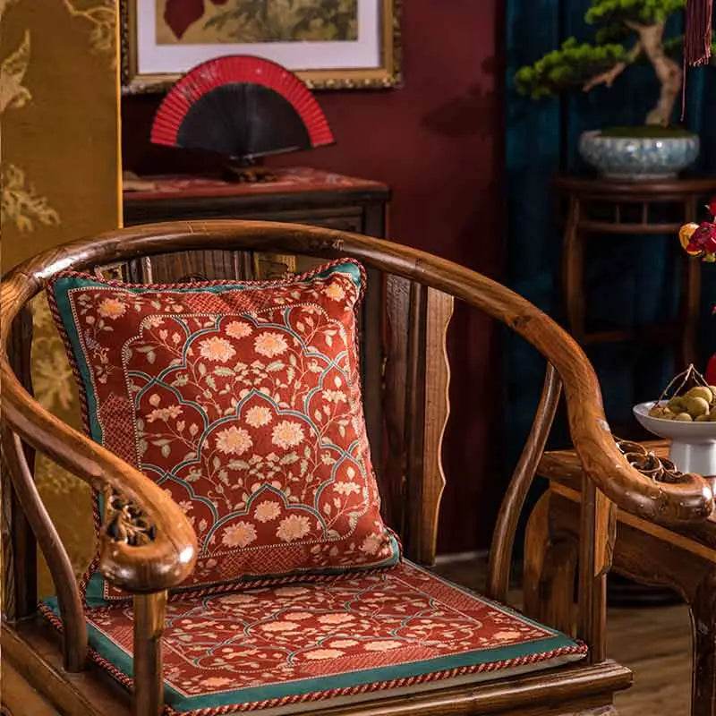 Chinoiserie Chrysanthemum Short Plush Red Chair Cushion - SinoCultural -- SC029B38