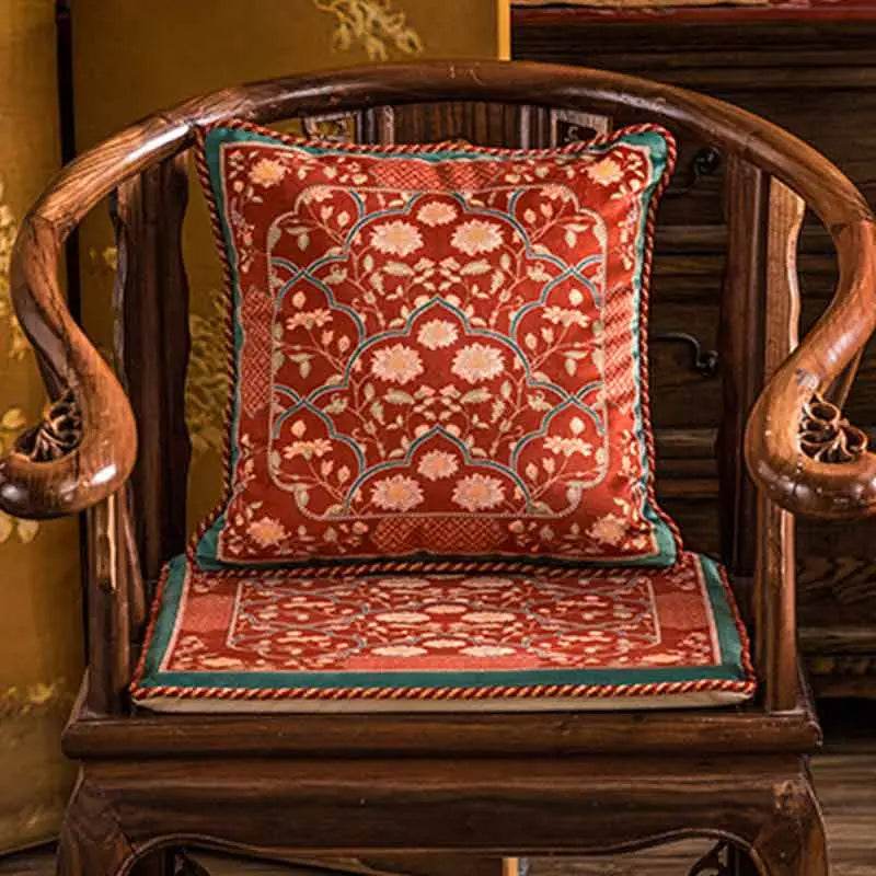 Chinoiserie Chrysanthemum Short Plush Red Chair Cushion - SinoCultural -- SC029B38
