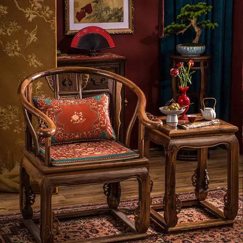 Chinoiserie Chrysanthemum Short Plush Red Chair Cushion - SinoCultural -- SC029B38