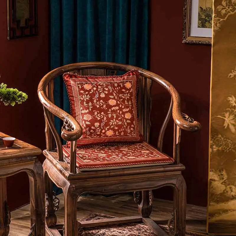 Chinoiserie Chrysanthemum Short Plush Red Chair Cushion