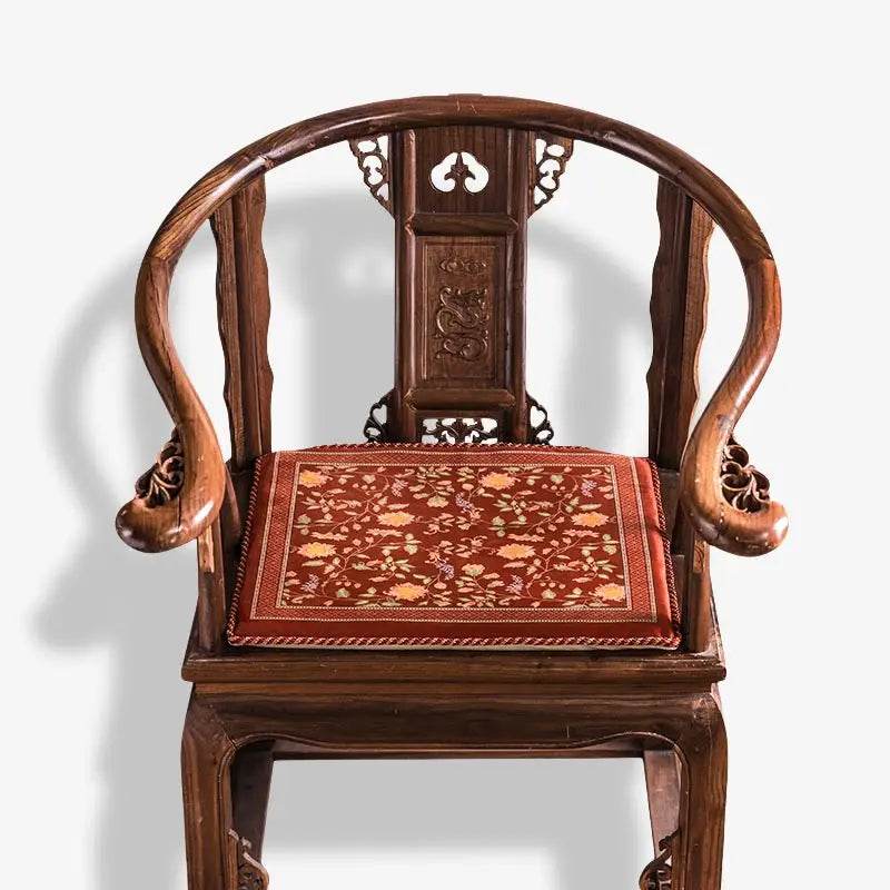 Chinoiserie Chrysanthemum Short Plush Red Chair Cushion - SinoCultural -- SC029B38