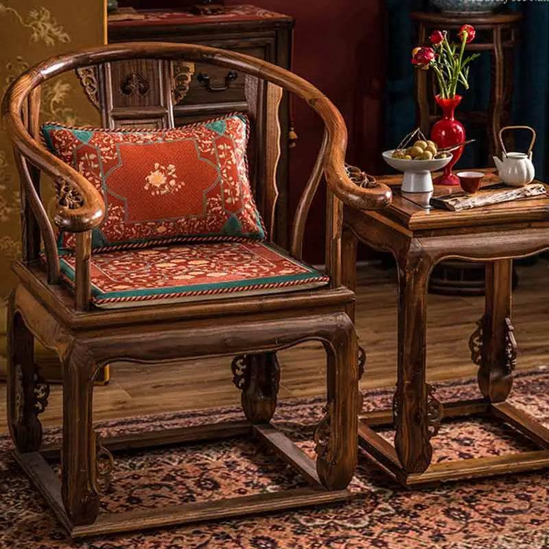 Chinoiserie Chrysanthemum Short Plush Red Chair Cushion - SinoCultural -- SC029B38