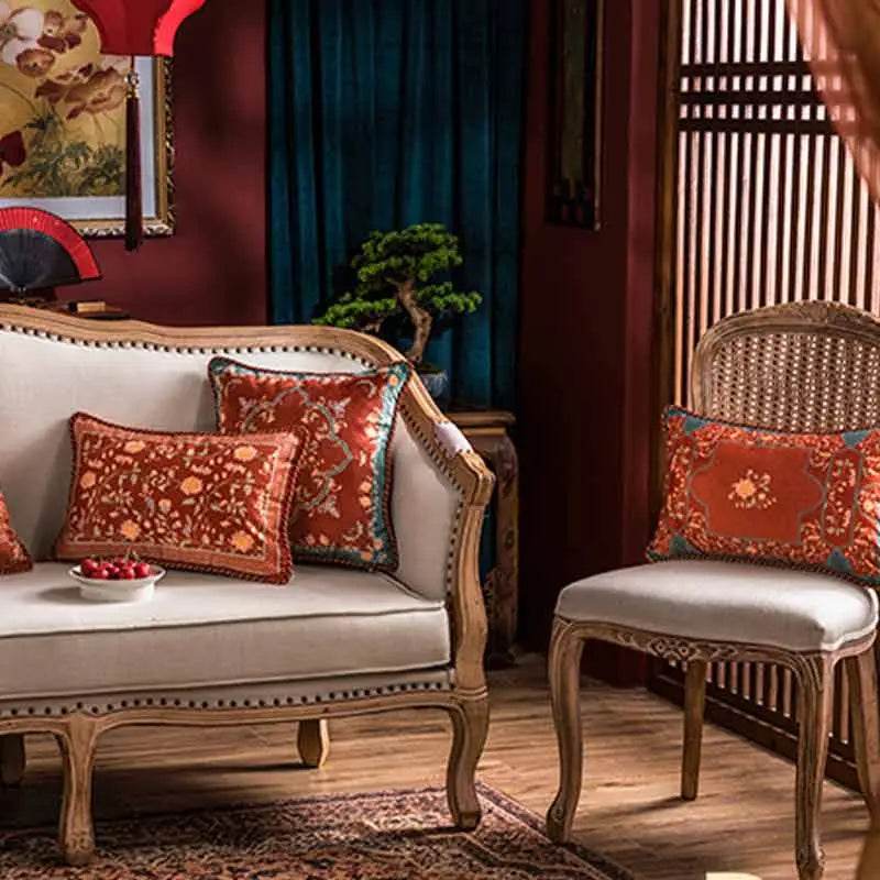 Chinoiserie Chrysanthemum Short Plush Red Chair Cushion - SinoCultural -- SC029B38