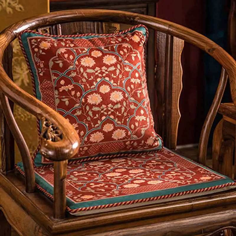 Chinoiserie Chrysanthemum Short Plush Red Chair Cushion - SinoCultural -- SC029B38
