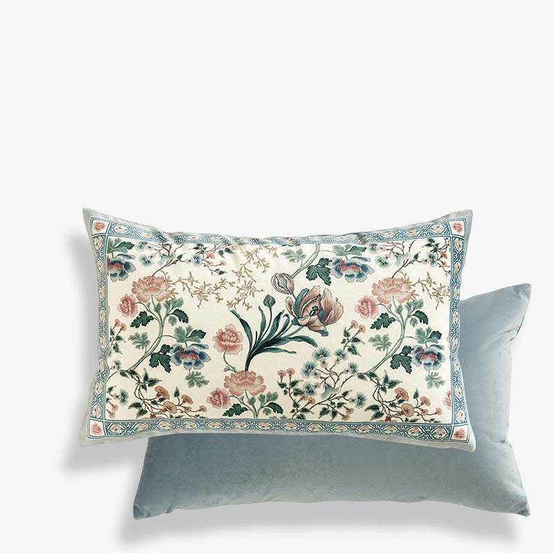Chinoiserie Blue Spring Floral & Bird Pattern Short Plush Lumbar Pillow - SinoCultural -- WP033A01 -