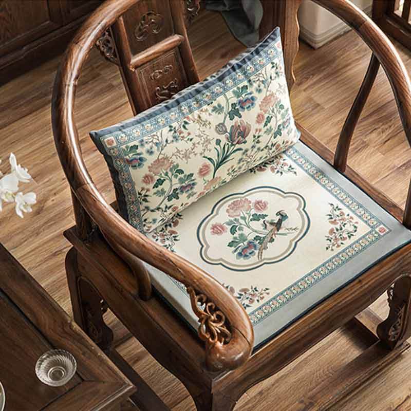 Chinoiserie Blue Spring Floral & Bird Pattern Short Plush Chair Cushion - SinoCultural -- SC033A38