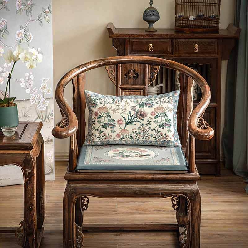 Chinoiserie Blue Spring Floral & Bird Pattern Short Plush Chair Cushion - SinoCultural -- SC033A38
