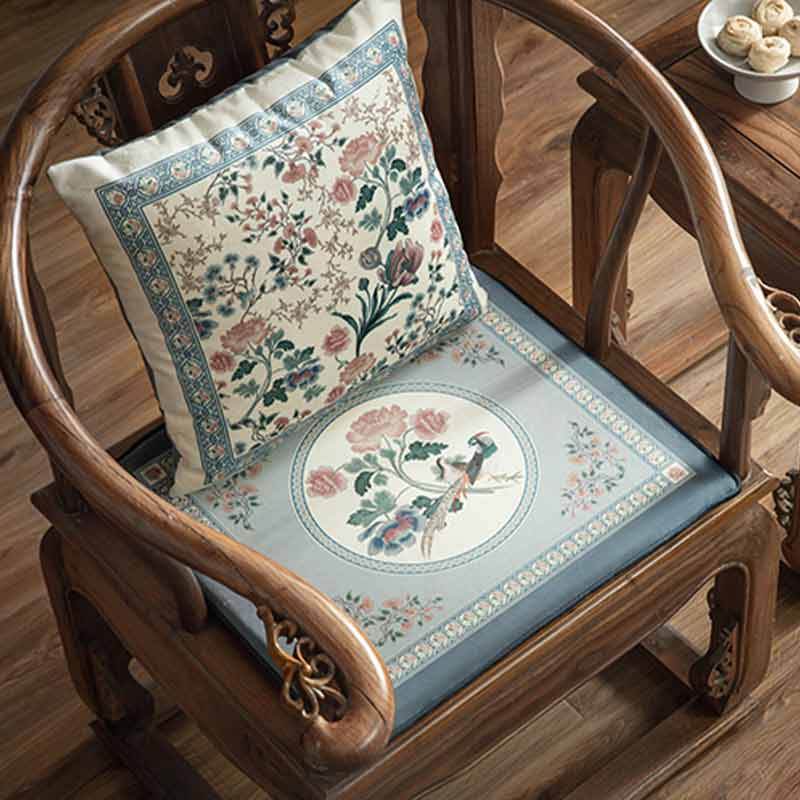 Chinoiserie Blue Spring Floral & Bird Pattern Short Plush Chair Cushion - SinoCultural -- SC033A38