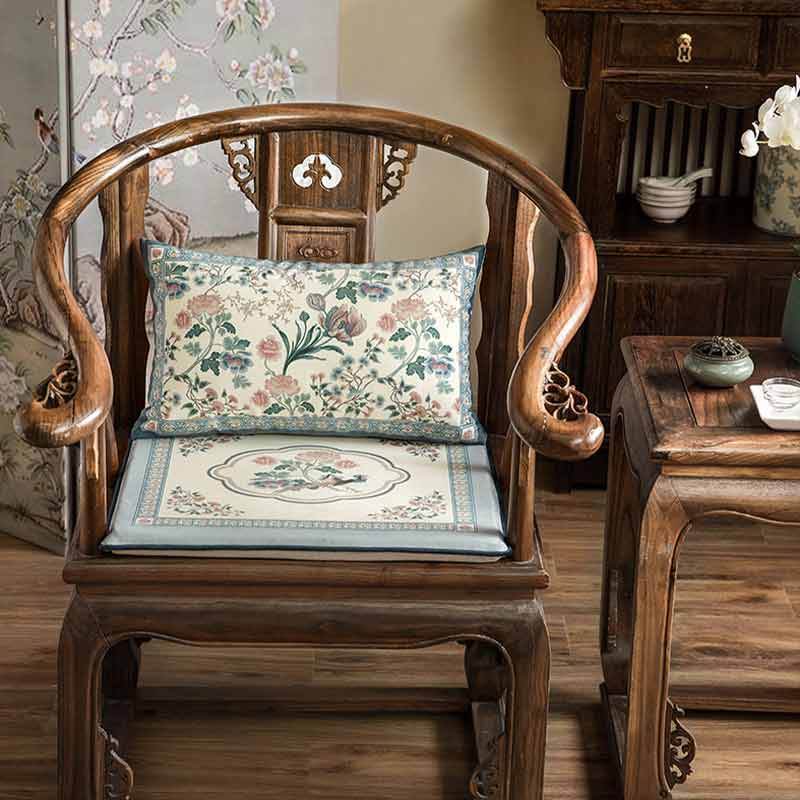 Chinoiserie Blue Spring Floral & Bird Pattern Short Plush Chair Cushion - SinoCultural -- SC033A38
