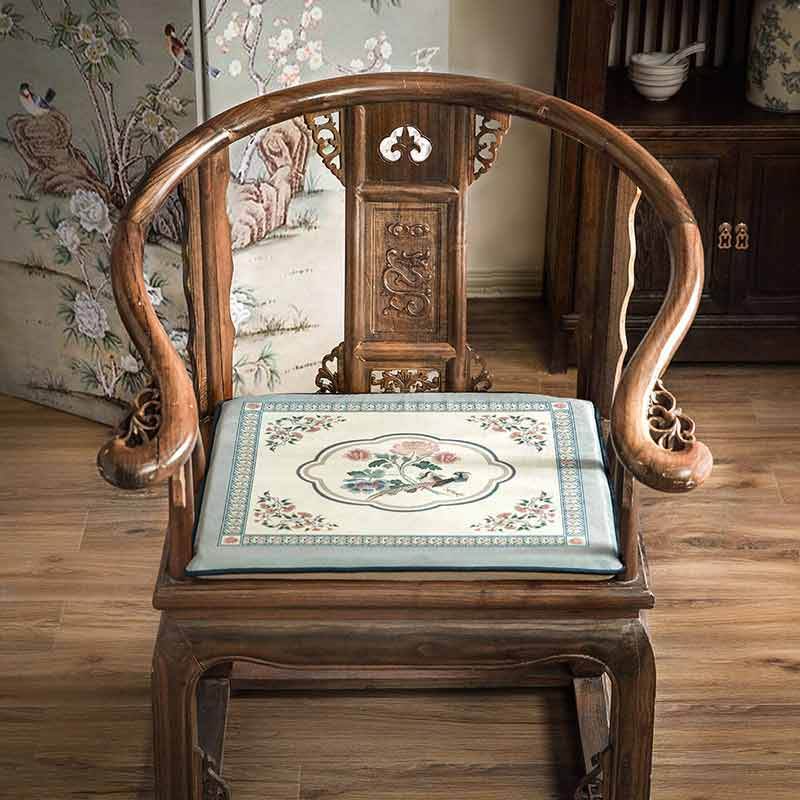 Chinoiserie Blue Spring Floral & Bird Pattern Short Plush Chair Cushion - SinoCultural -- SC033A38