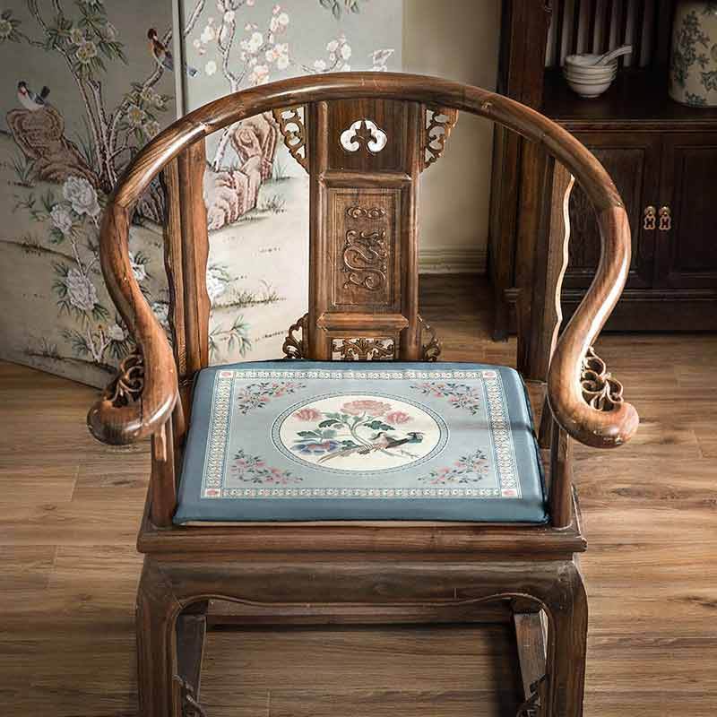 Chinoiserie Blue Spring Floral & Bird Pattern Short Plush Chair Cushion - SinoCultural -- SC033A38
