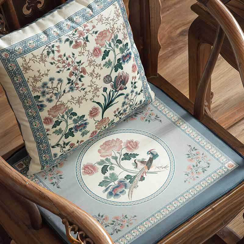 Chinoiserie Blue Spring Floral & Bird Pattern Short Plush Chair Cushion - SinoCultural -- SC033A38