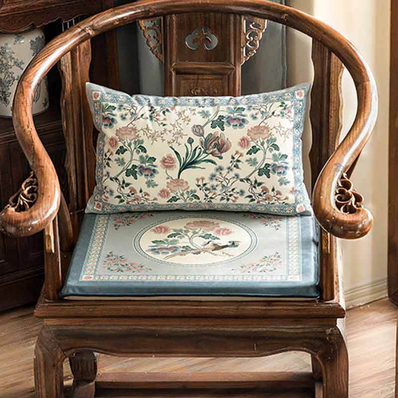 Chinoiserie Blue Spring Floral & Bird Pattern Short Plush Chair Cushion - SinoCultural -- SC033A38