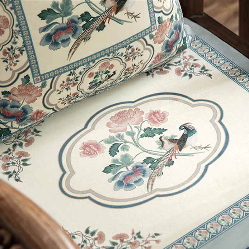 Chinoiserie Blue Spring Floral & Bird Pattern Short Plush Chair Cushion - SinoCultural -- SC033A38