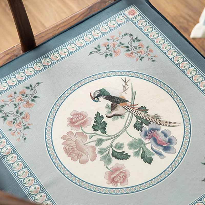 Chinoiserie Blue Spring Floral & Bird Pattern Short Plush Chair Cushion - SinoCultural -- SC033A38